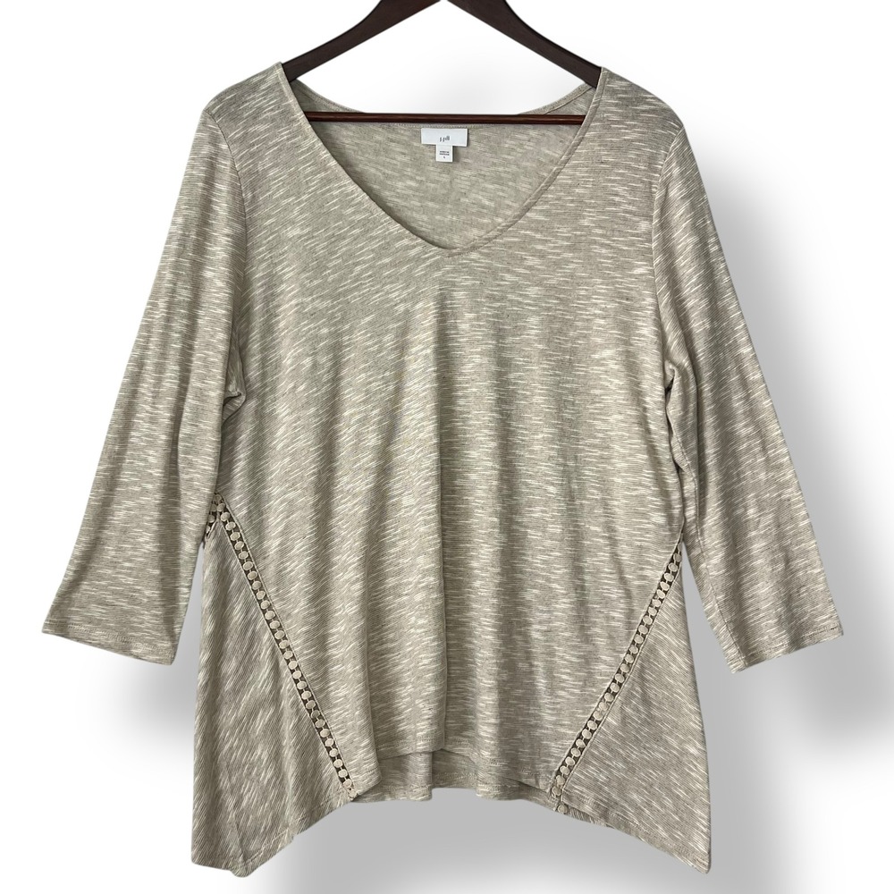 J. Jill L Linen Blend Blouse Top Beige Heather Lagenlook Crochet‎ Detail Neutral